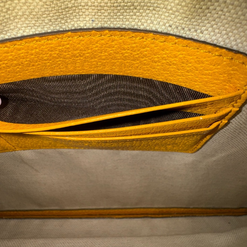 Gucci Brown GG Monogram Wristlet with Gold Logo and Yellow Strap - Picture 11 of 11